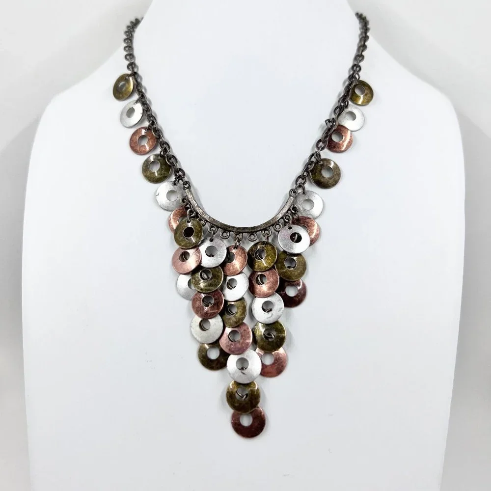 BOHO Vibes Tri-Colored Disk Dangle Brass Tone 14” Chain Choker Necklace - Picture 2 of 8